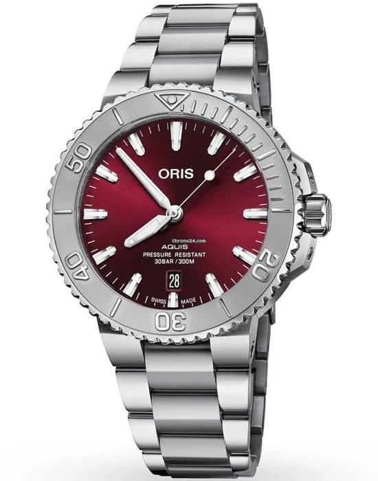 Oris Oris Aquis Date Relief  01 733 7766 4158-07 8 22 05PEB  01 733 7766 4158-07 8 22 05PEB механические мужские часы красный циферблат, браслет нержавеющая сталь — вид спереди